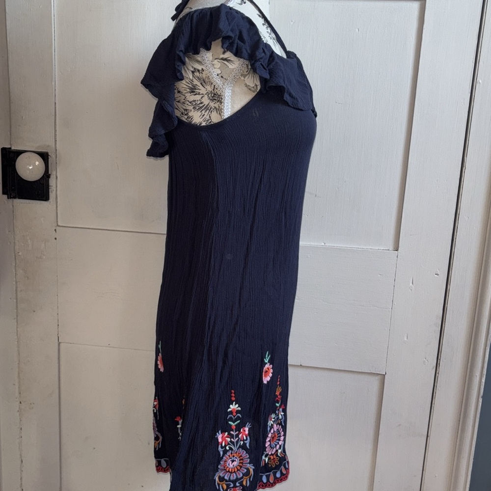 Halter Top Summer Dress Navy Flirty Floral Embroidery Ruffle Off Shoulder XS Y2K - Picture 7 of 9